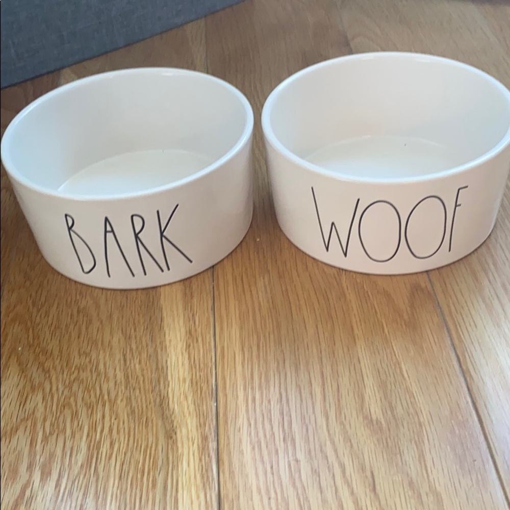 Two Rae Dunn dog bowls - bark and woof